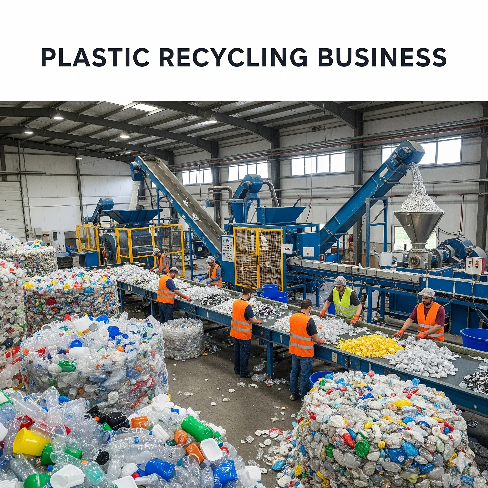 Workers sorting plastic waste on conveyor line inside plastic recycling business facility