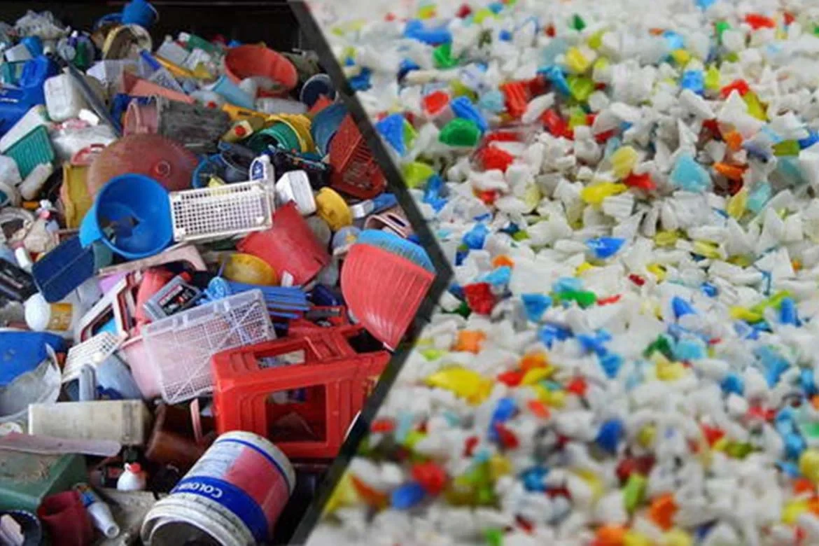 Mixed plastic waste and shredded plastic regrind side by side